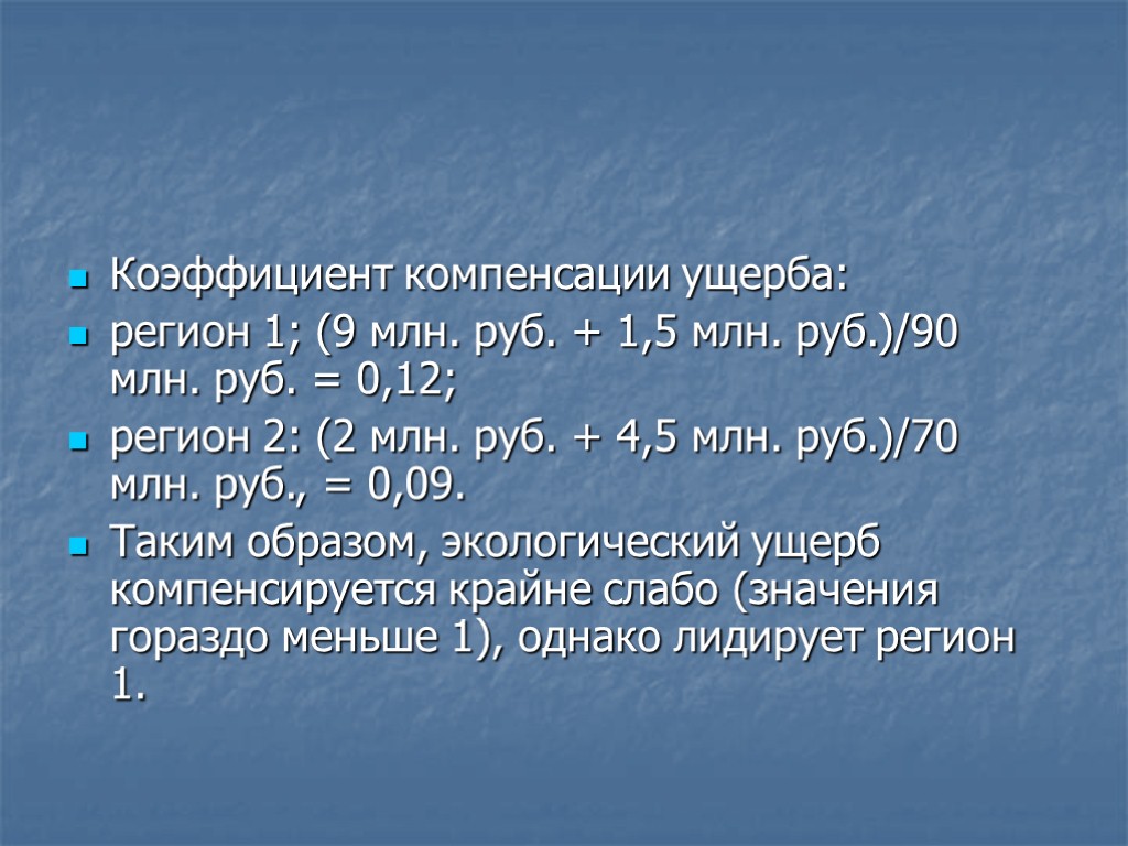 Коэффициент компенсации ущерба: регион 1; (9 млн. руб. + 1,5 млн. руб.)/90 млн. руб.